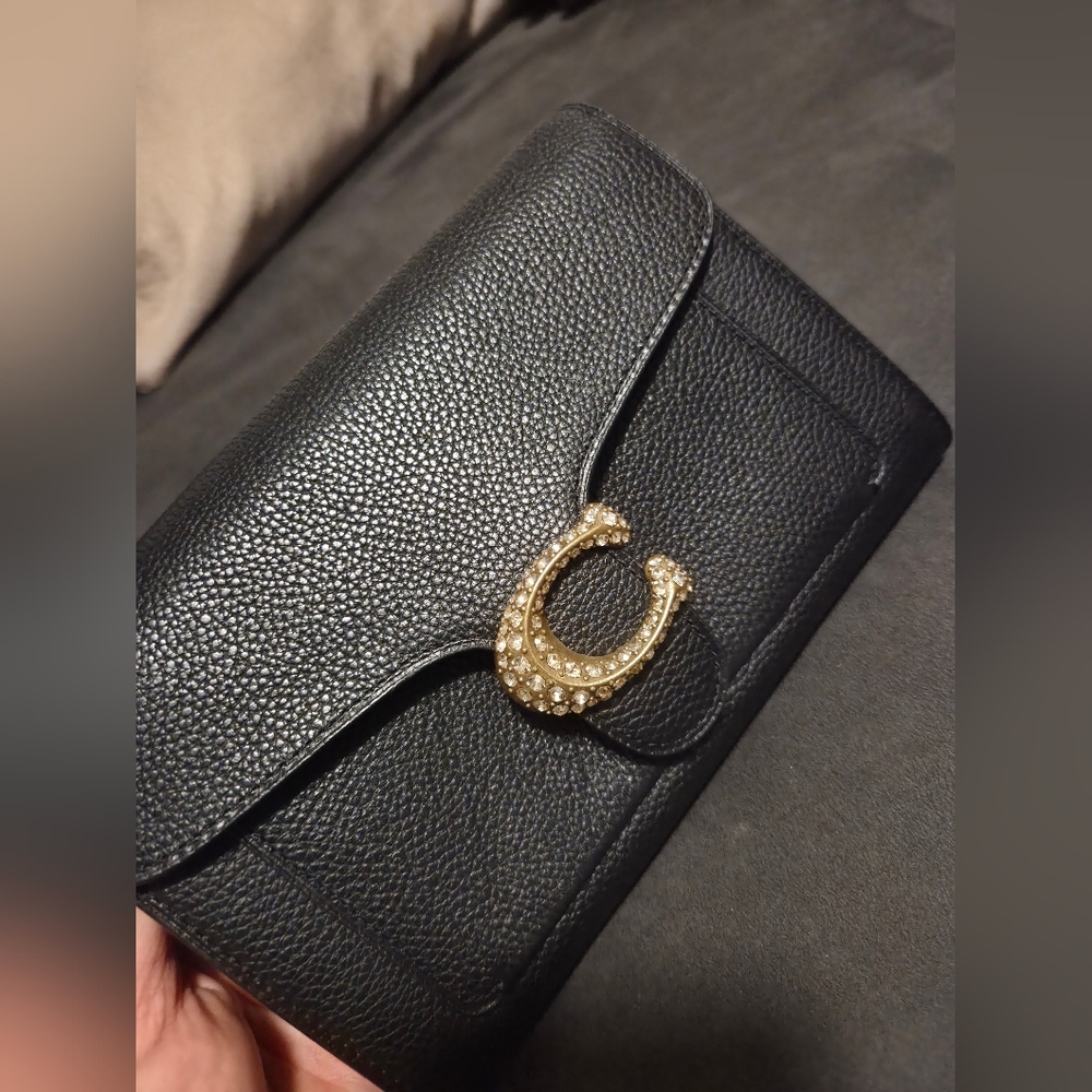COACH Tabby Chain Clutch In Pebble Leather W/ Gold Tone Pavé Stone